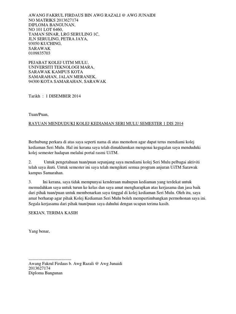 Surat Rayuan Kolej Uitm Mpp Uitm Kag On Twitter Proses Rayuan Kolej Bagi Pelajar Yang Belum Membuat Rayuan Semasa Hari Pendaftaran Iaitu Pada 3 Dan 4 Mac 2018 Contoh Surat