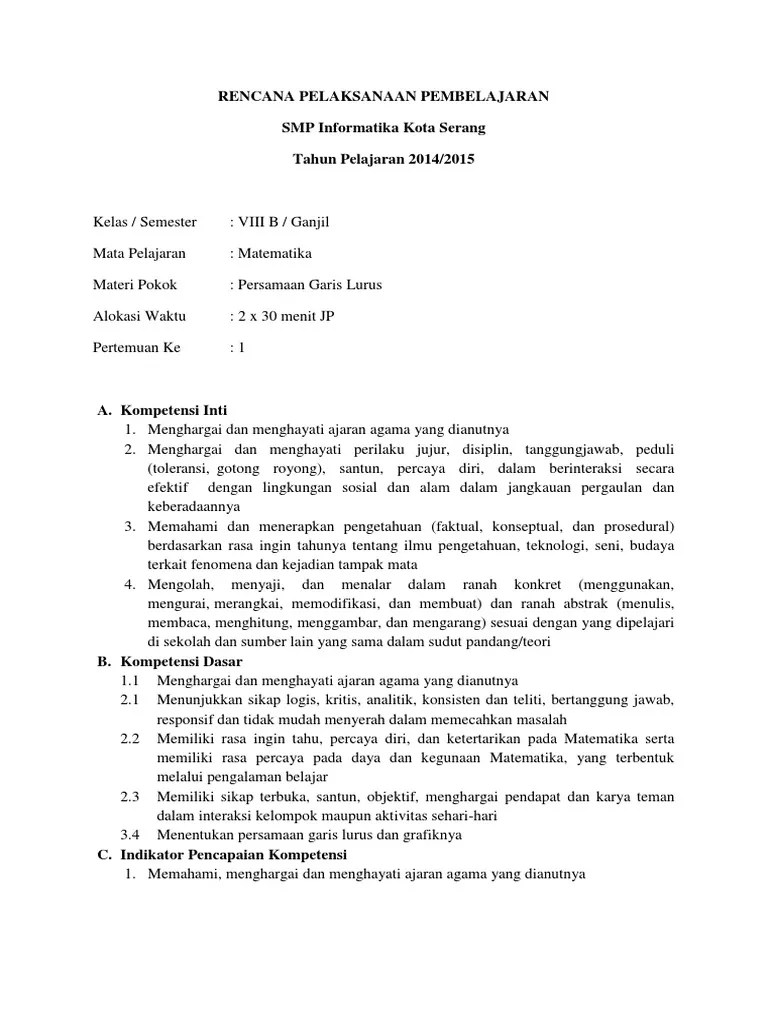 RPP K13 Persamaan Garis Lurus kelas 8 pert.1