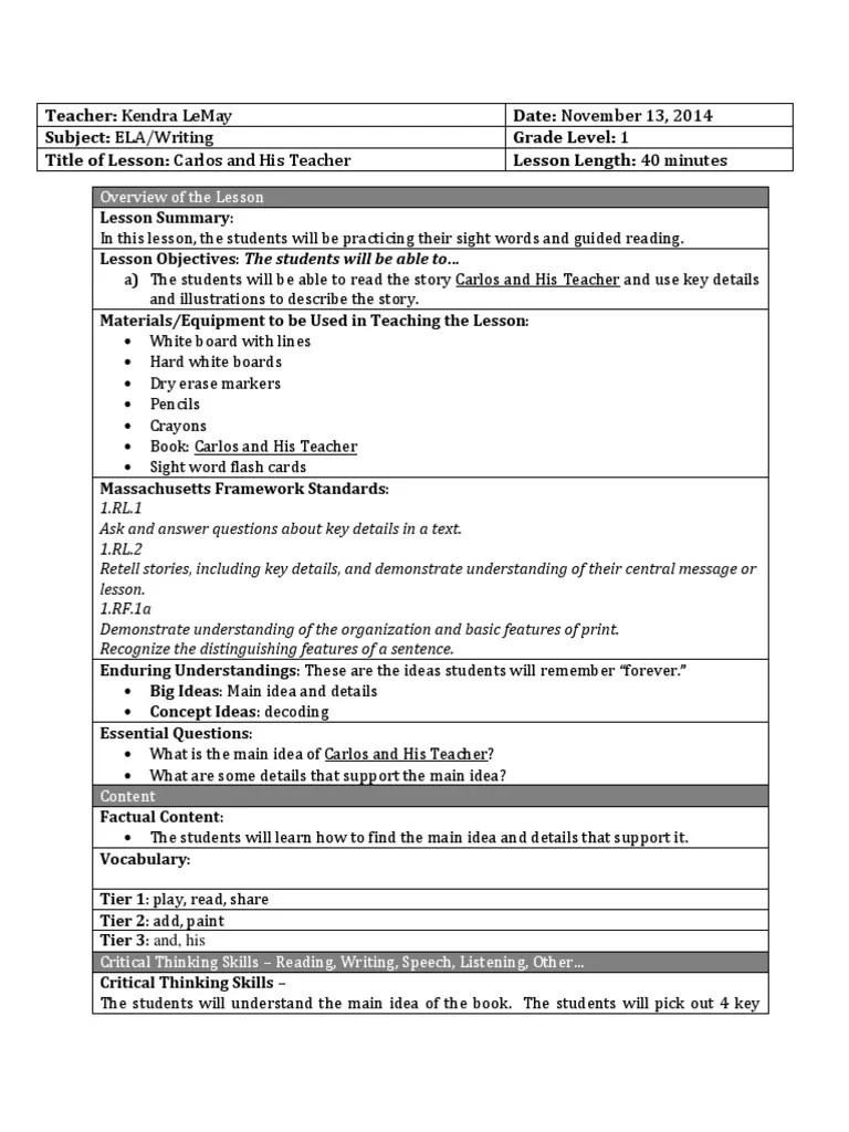 1st Grade Lesson Plan Educational Assessment Lesson Plan