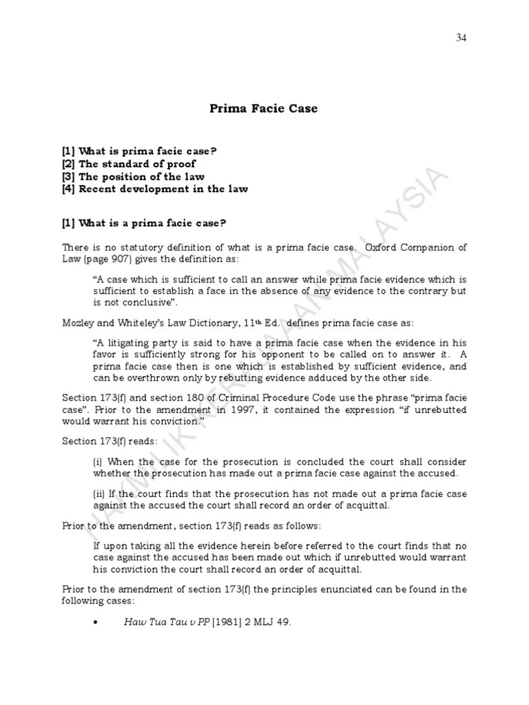 Prima Facie Case Burden Of Proof (Law) Prima Facie