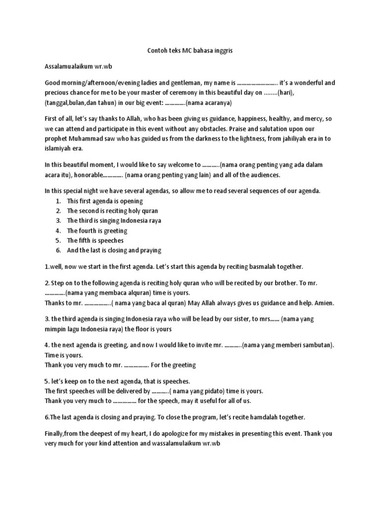 Contoh Teks Mc Dalam Bahasa Inggris Lengkap Beserta Artinya - Berbagai Teks  Penting