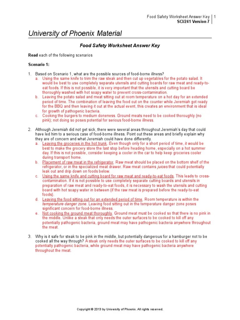Food Safety Worksheet Answer Key PDF Foodborne Illness Meat