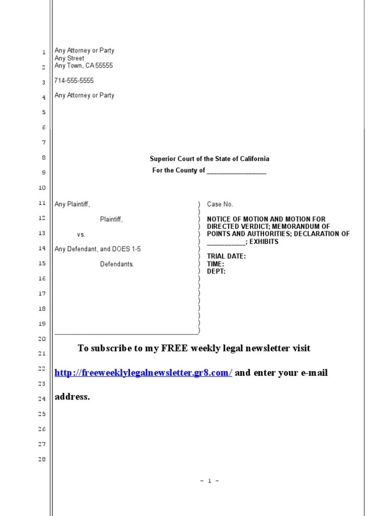 Sample Motion For Directed Verdict For California Eviction PDF