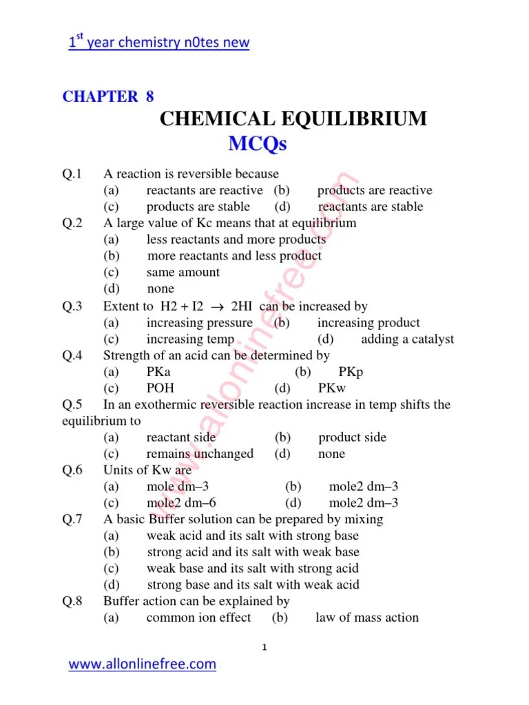 8CHAPTERCHEMICALEQUILIBRIUMMCQs.pdf Chemical Equilibrium Ph