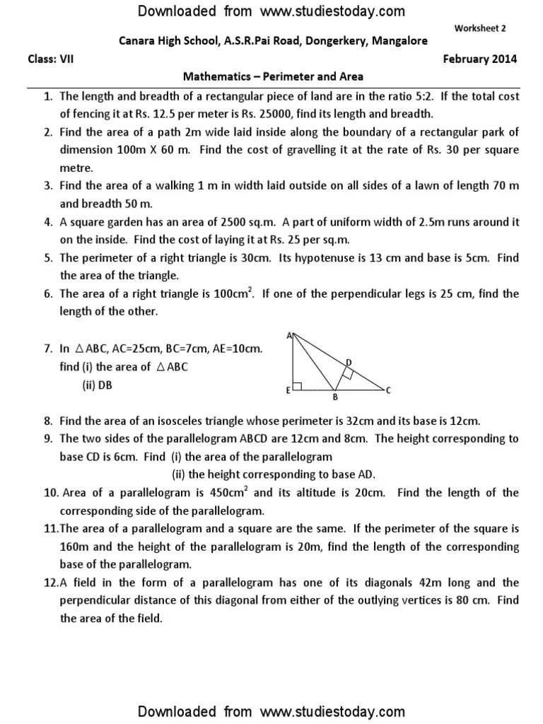 CBSE Class 7 Maths Worksheet Perimeter and Area PDF Area Rectangle