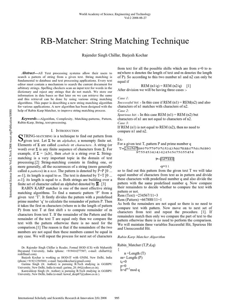 RB Matcher String Matching Technique PDF String Science