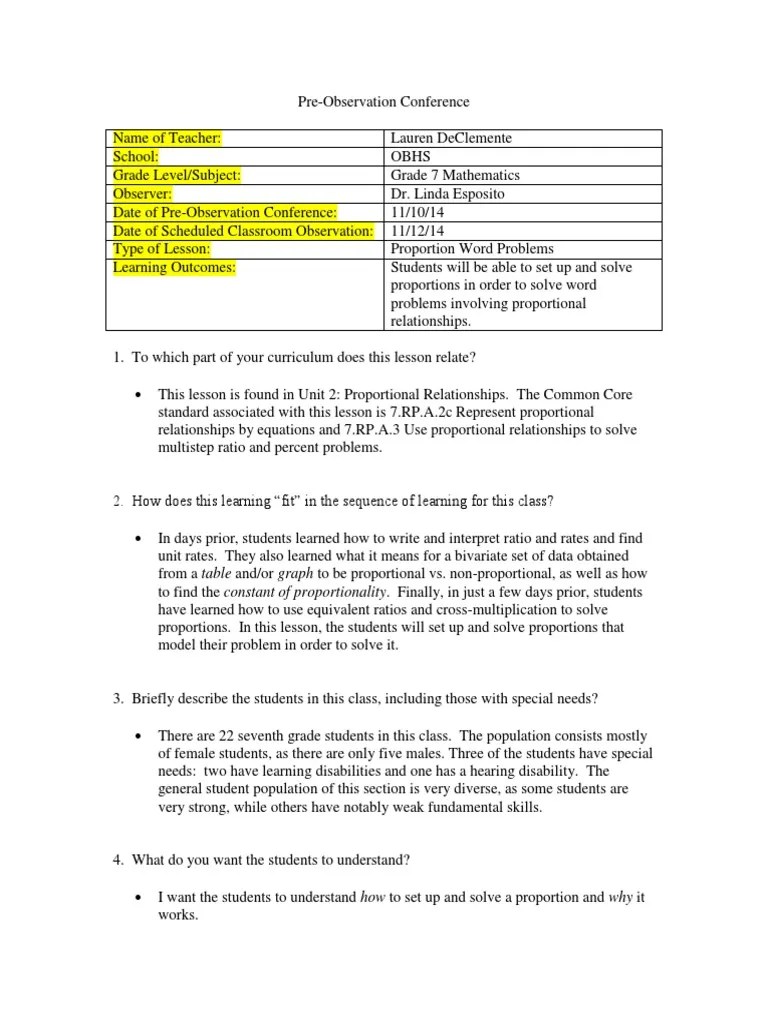 preobservation form sample Worksheet Differentiated Instruction
