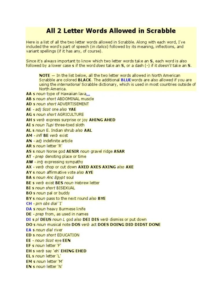 All 2 Letter Words Allowed in Scrabble PDF Linguistics Semantic Units
