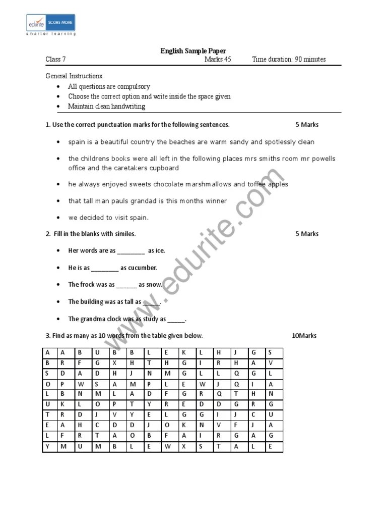 Class 7 ICSE English Sample Paper