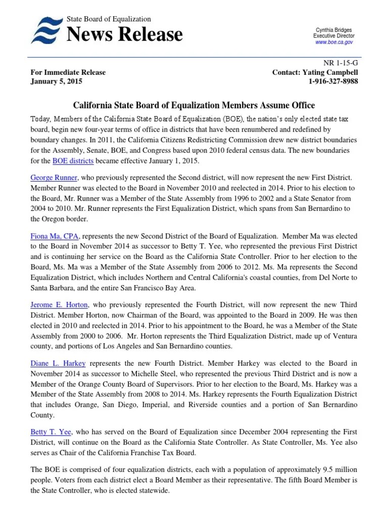 California State Board of Equalization Members Assume Office California Politics Of The