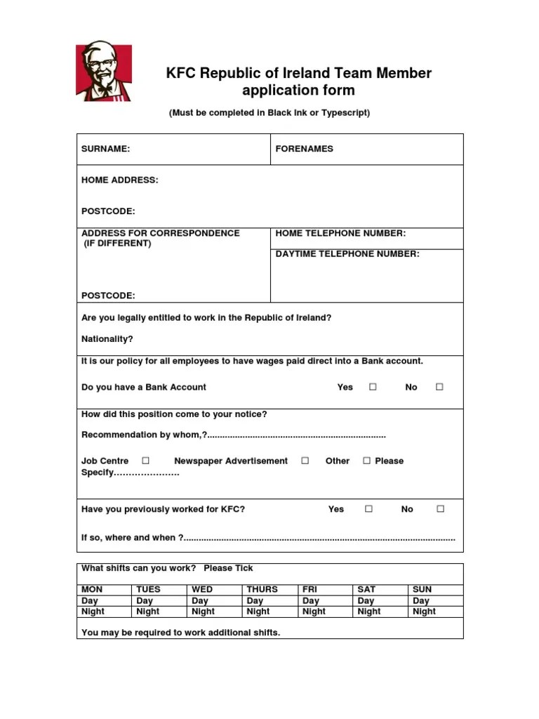 KFC Ireland Job Application Form 20081114 PDF Employment Human
