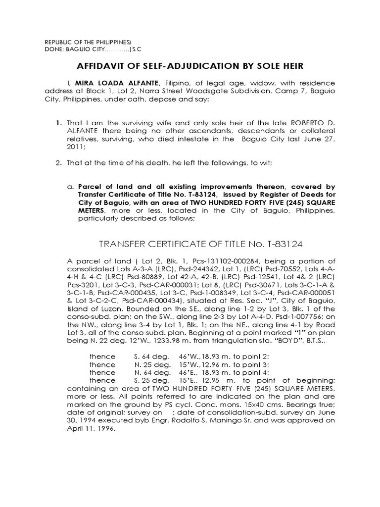 Affidavit of selfadjudication by sole heir Notary Public Common Law