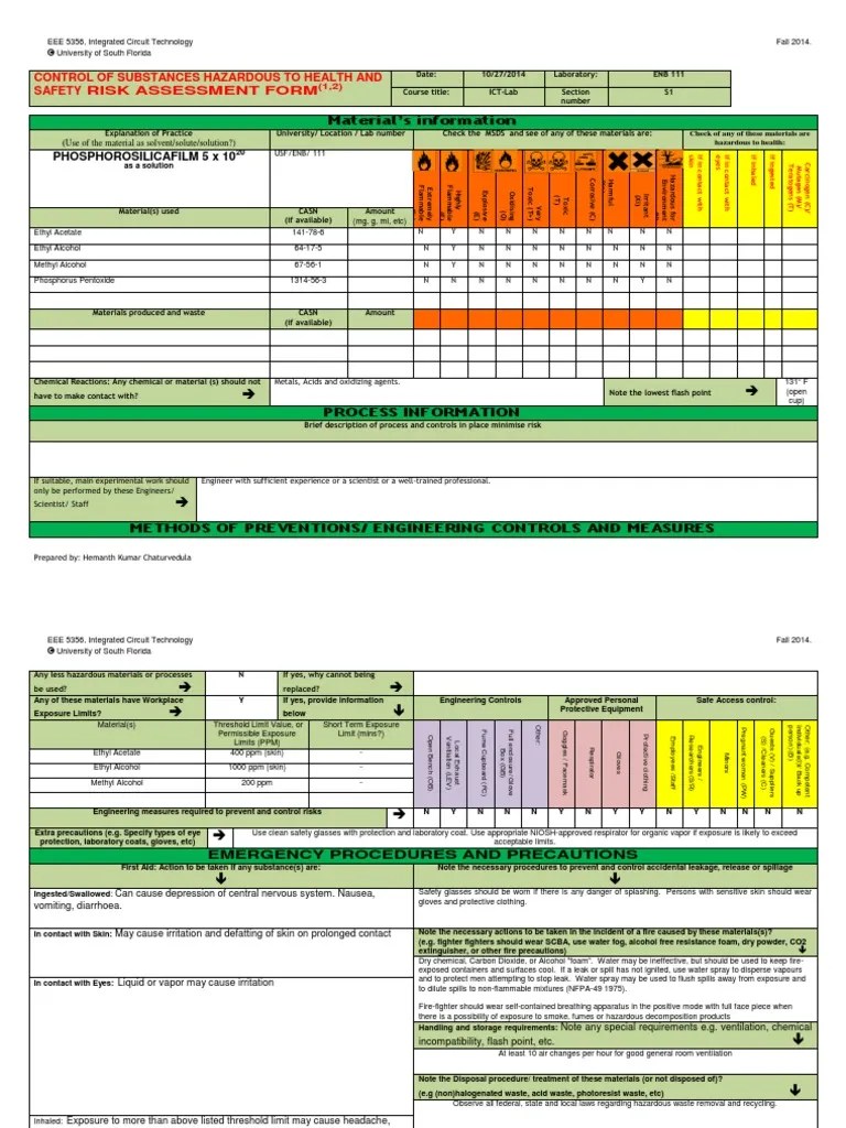 Control of Substances Hazardous to Health and Safety Risk Assessment