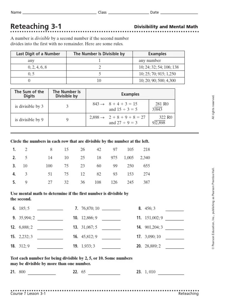 6th Grade Ch3 Reteaching Worksheets Factorization Prime Number
