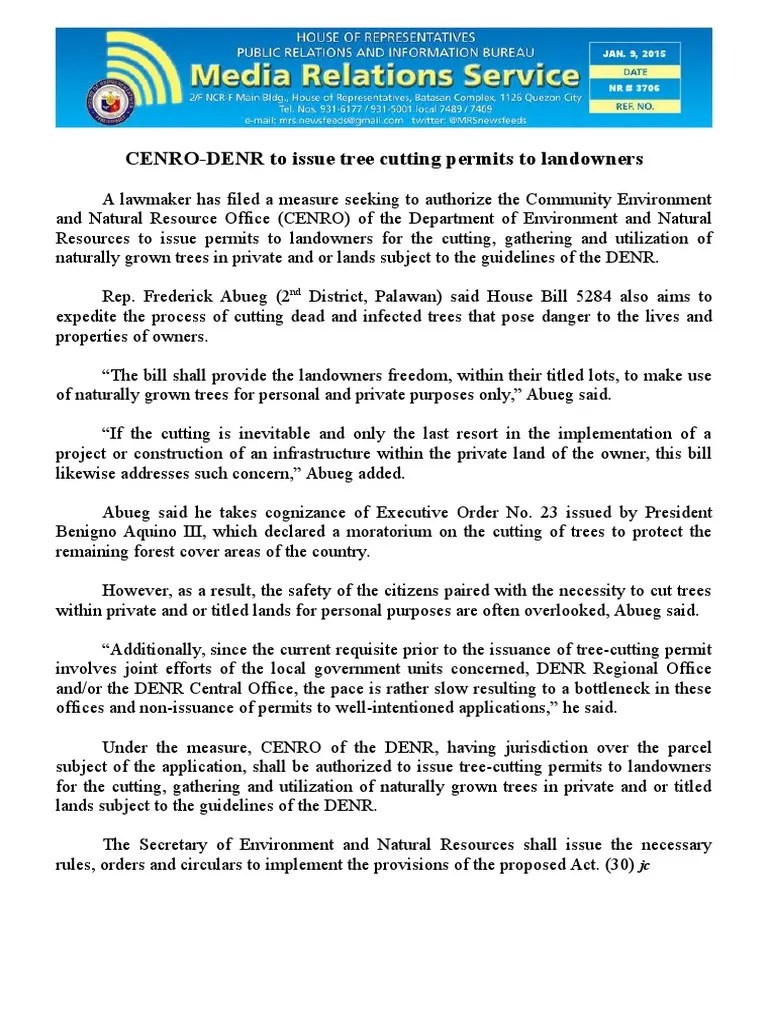 jan09.2015CENRODENR to issue tree cutting permits to landowners