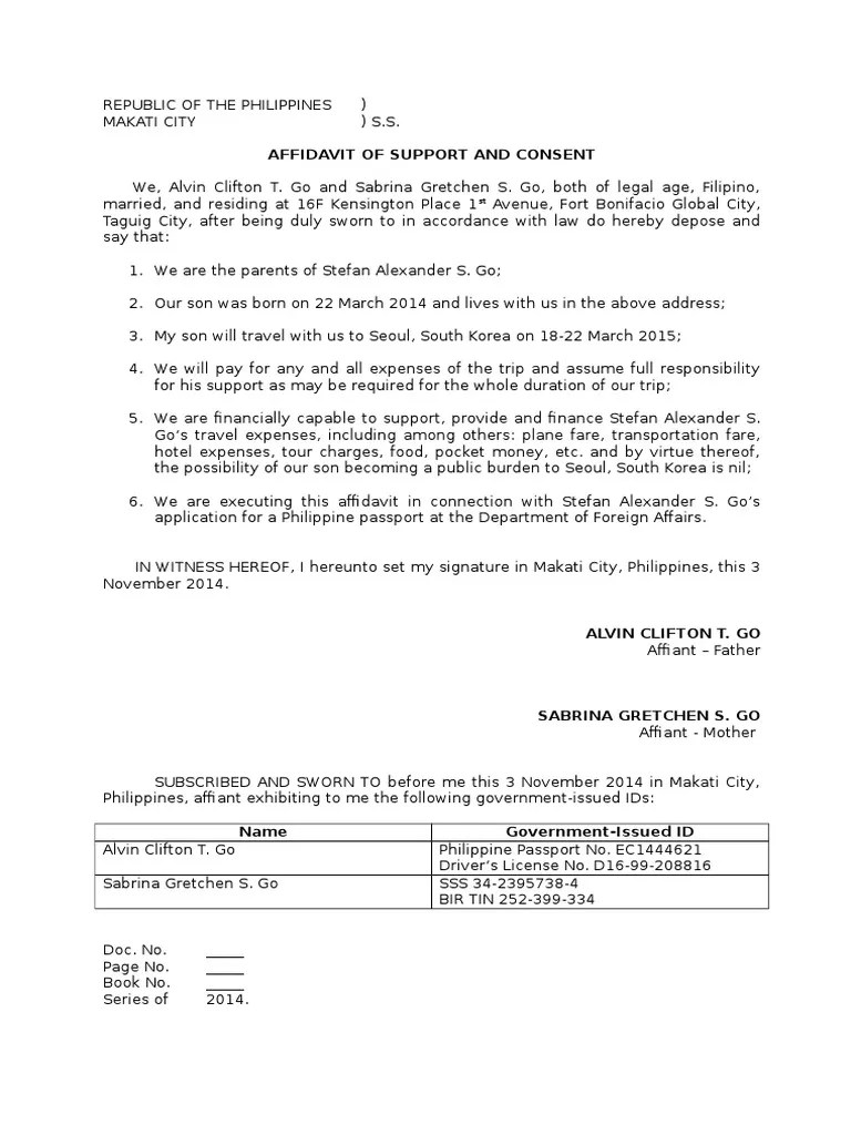 Affidavit of Consent and Support