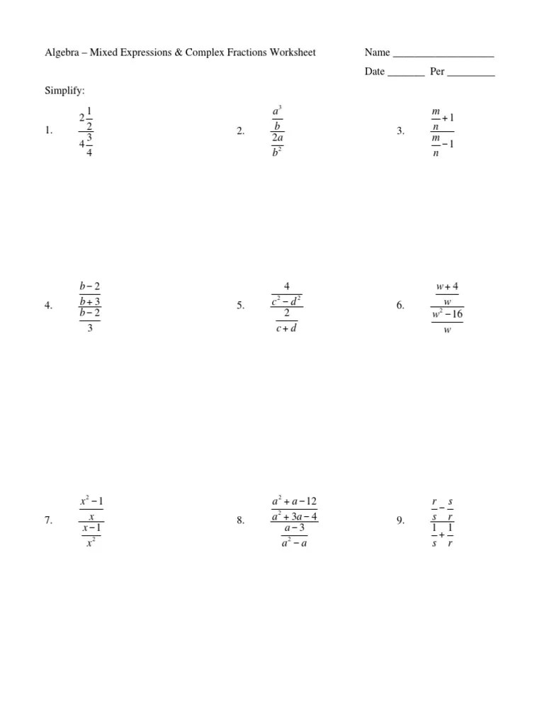 Simplifying Complex Fractions Worksheet