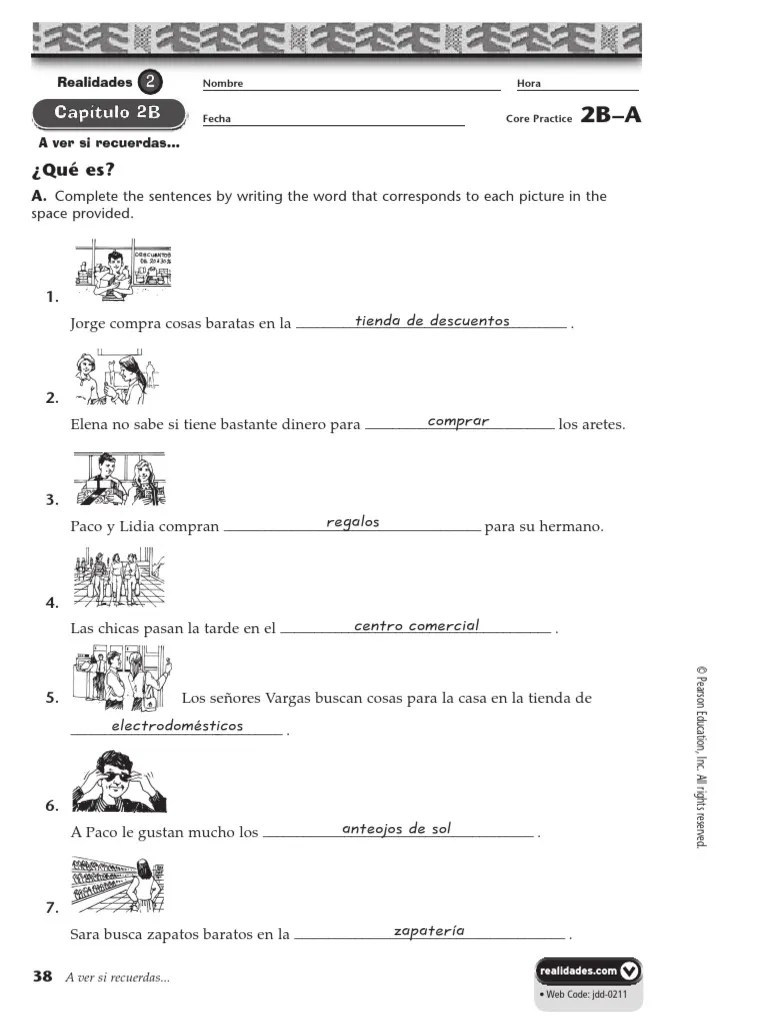 Realidades 2 Chapter 2B Core WKBK Solutions