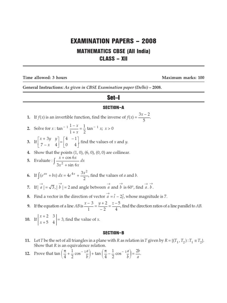 Math Question Papers For Class 12 PDF Matrix (Mathematics) Equations