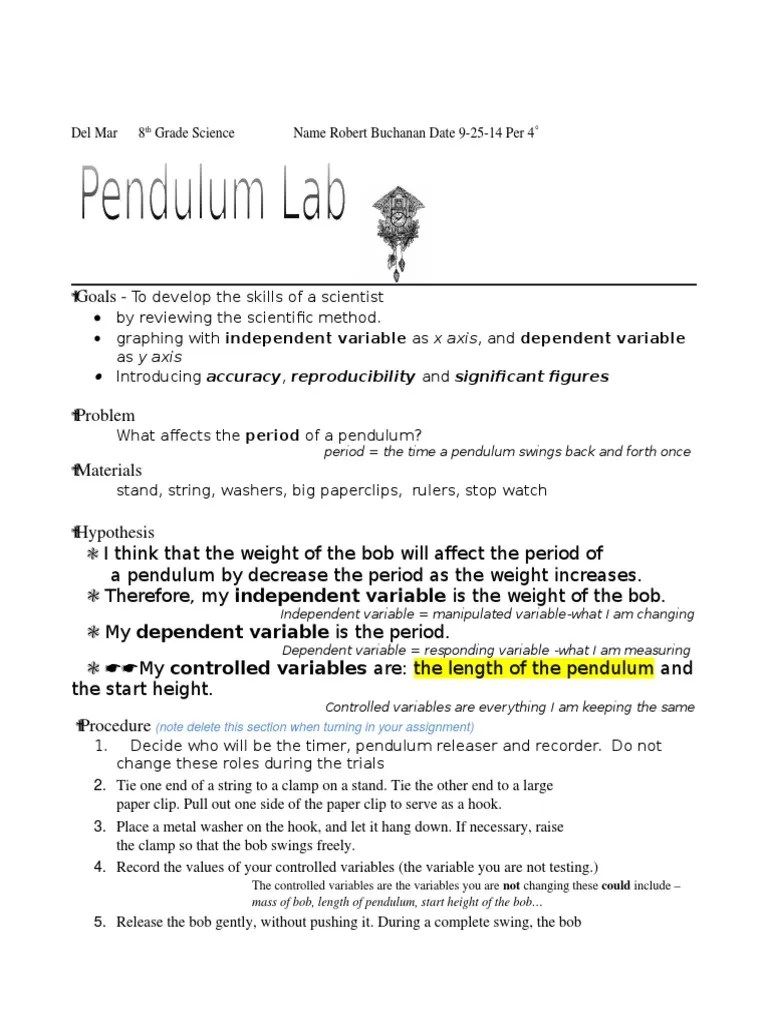 Pendulum Lab Answer Key