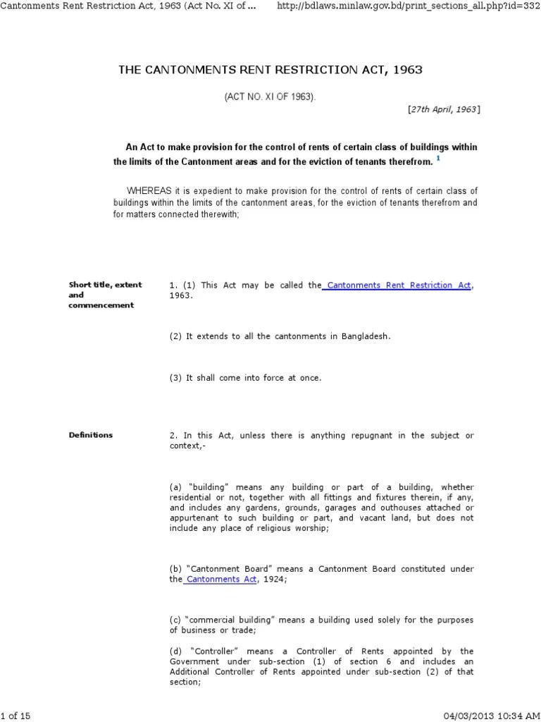 Cantonment Rent Restriction Act, 1963 PDF Leasehold Estate Eviction