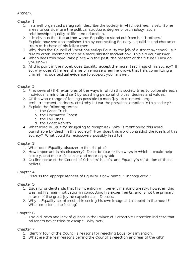Anthem Chapter Questions Egalitarianism Reason