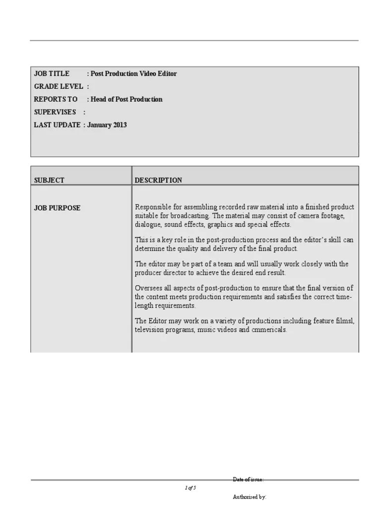 Post Production Video Editor Job Description Video