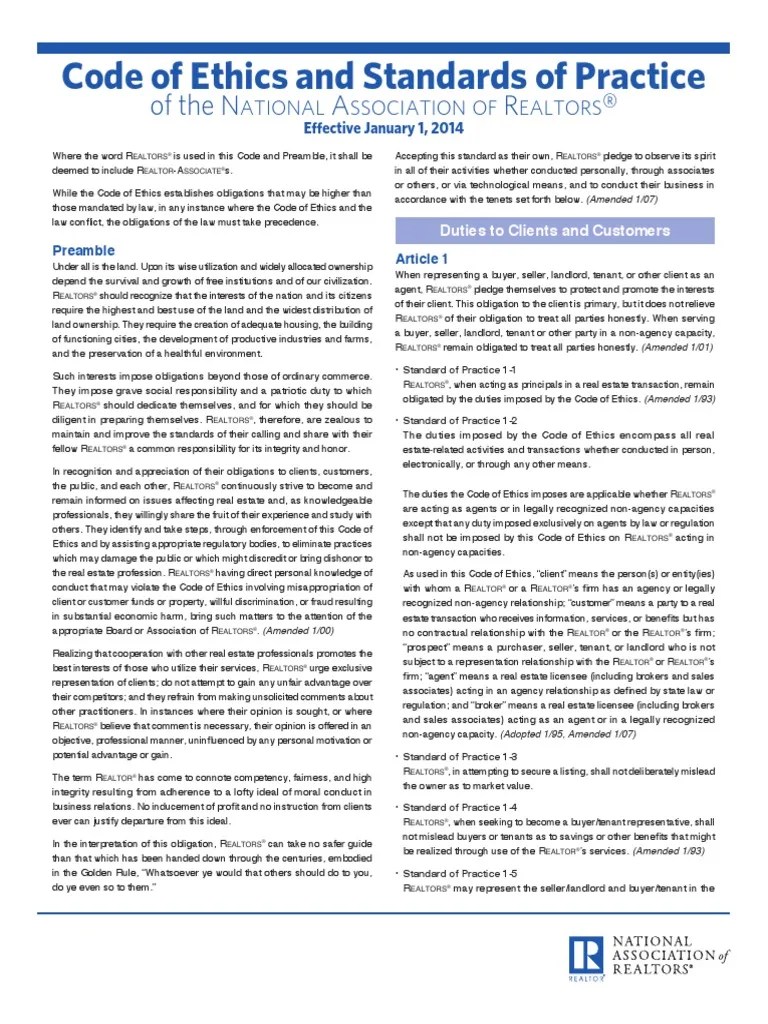 NAR Code of Ethics Articles 1 & 2 Real Estate Broker Law And Economics