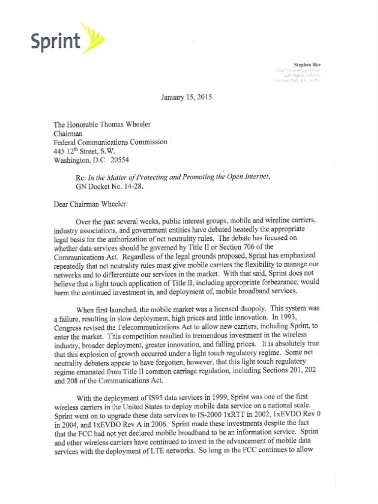 Sprint Title II Support Letter to FCC