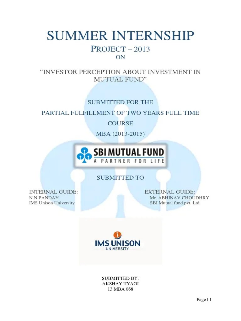 Sbi Mutual Fund Project Report Investment Fund Mutual