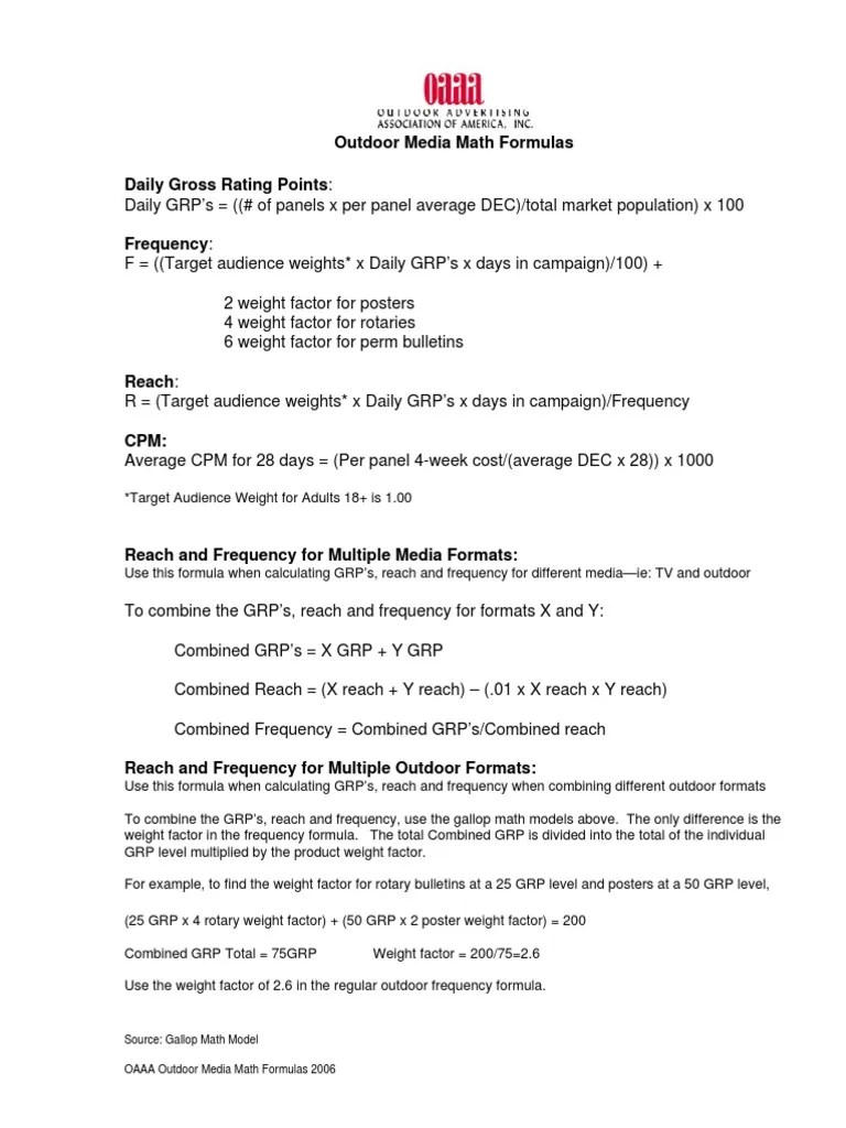 Outdoor Media Math Formulas PDF Traffic Frequency
