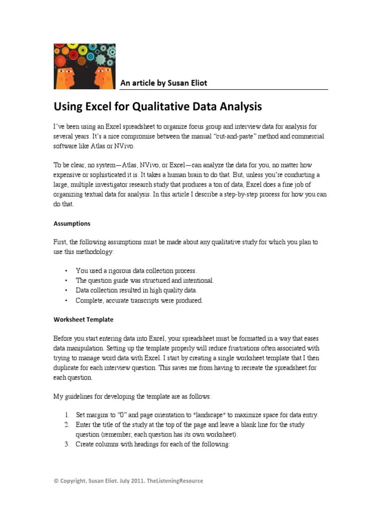 Using Excel for Qualitative Data Analysis Qualitative Research