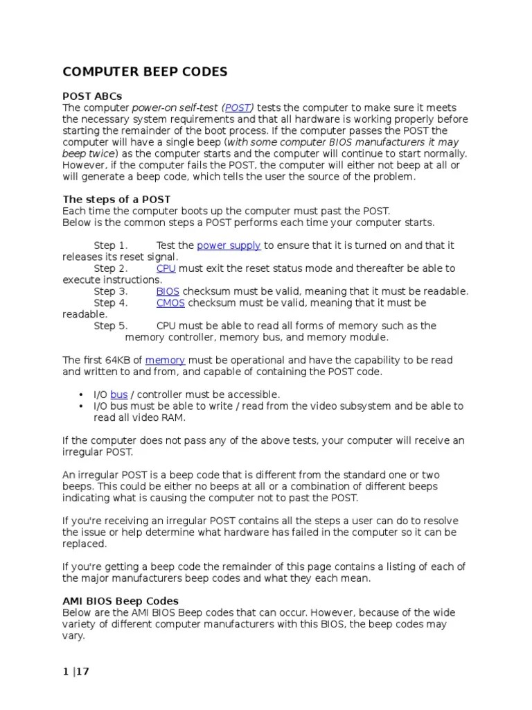Computer Beep Codes PDF Bios Computer Hardware