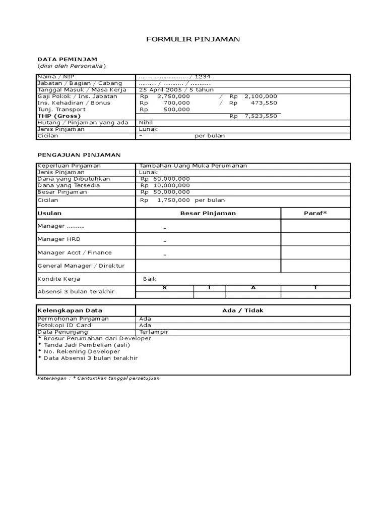Contoh Form Pinjaman Karyawan