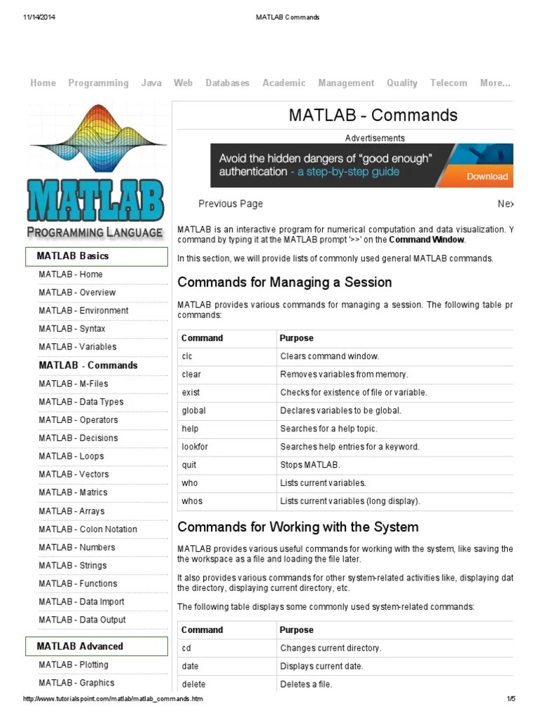 MATLAB Commands Matlab Matrix (Mathematics)