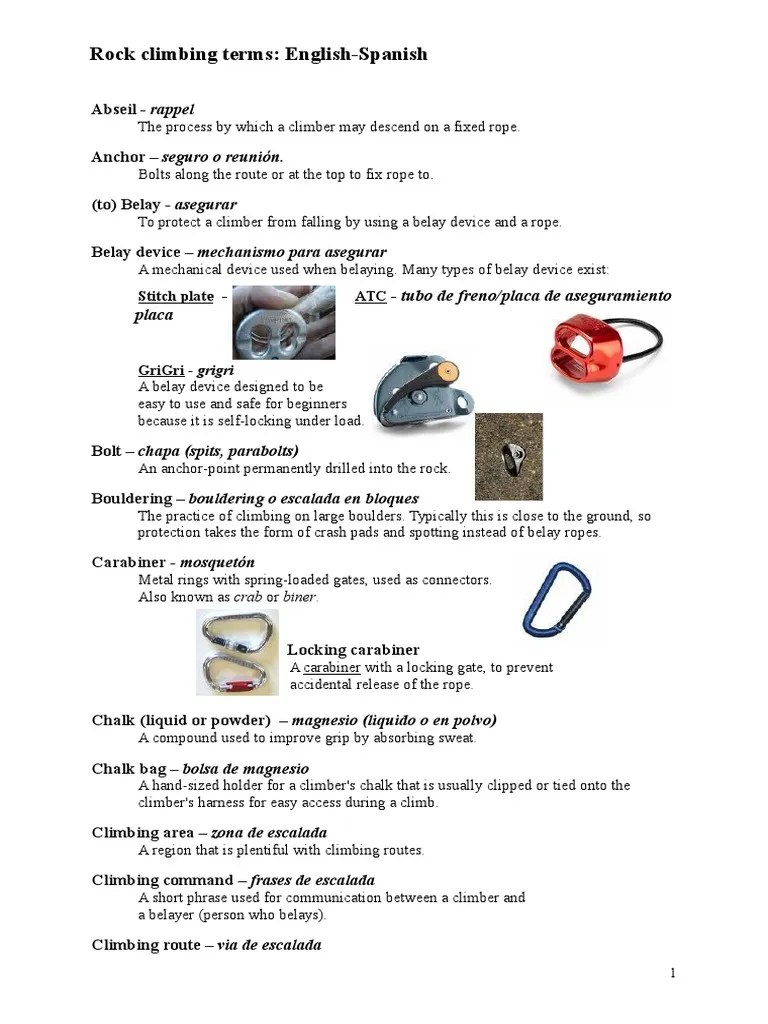 Rock Climbing Vocab and Commands EnglishSpanish Rock Climbing