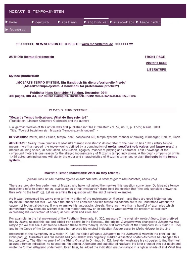 Mozart&#039;s Tempo Indications, Mozarts Tempobezeichnungen Tempo Notation