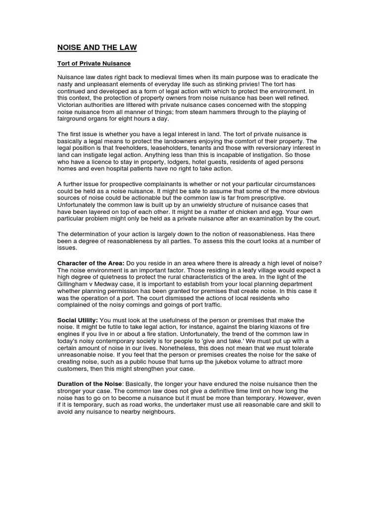 NOISE and the LAW Tort of Private Nuisance Nuisance Crimes