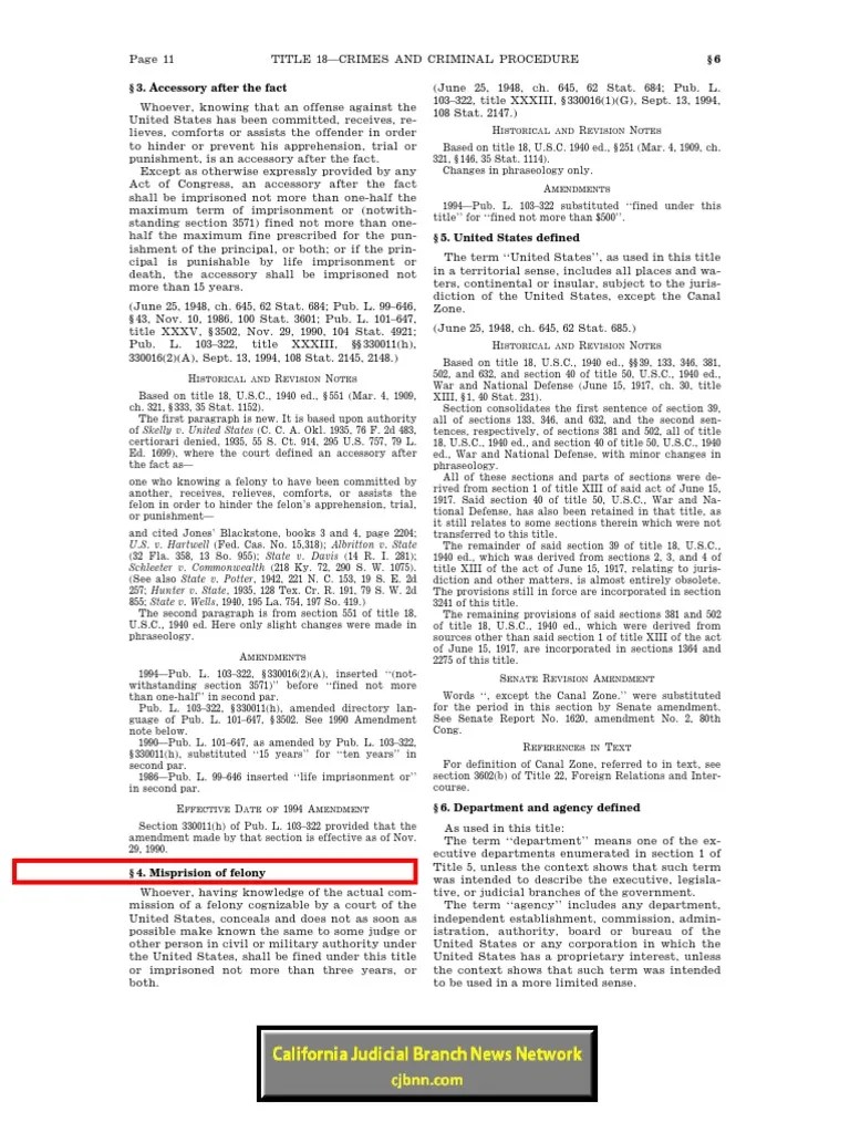 Misprision of Felony 18 USC 4 Title 18 Crimes and Criminal Procedure