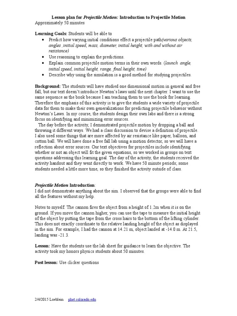 Lesson Plans for Projectile Motion Lesson Plan Motion (Physics)