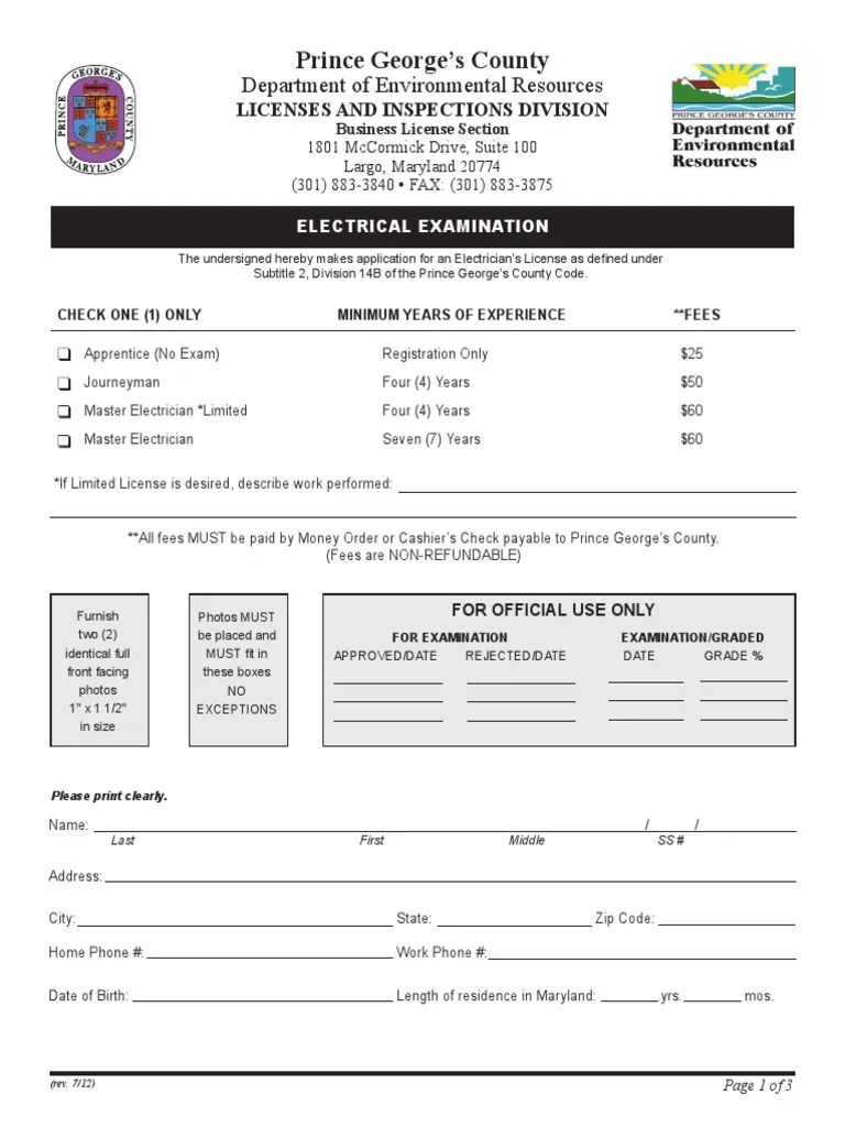 Electric Apprentice License Application PG County Electrician