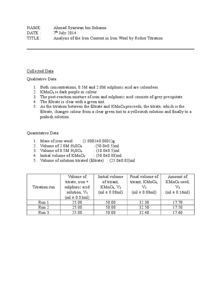 Analysis of The Iron Content in Iron Wool by Redox Titration PDF