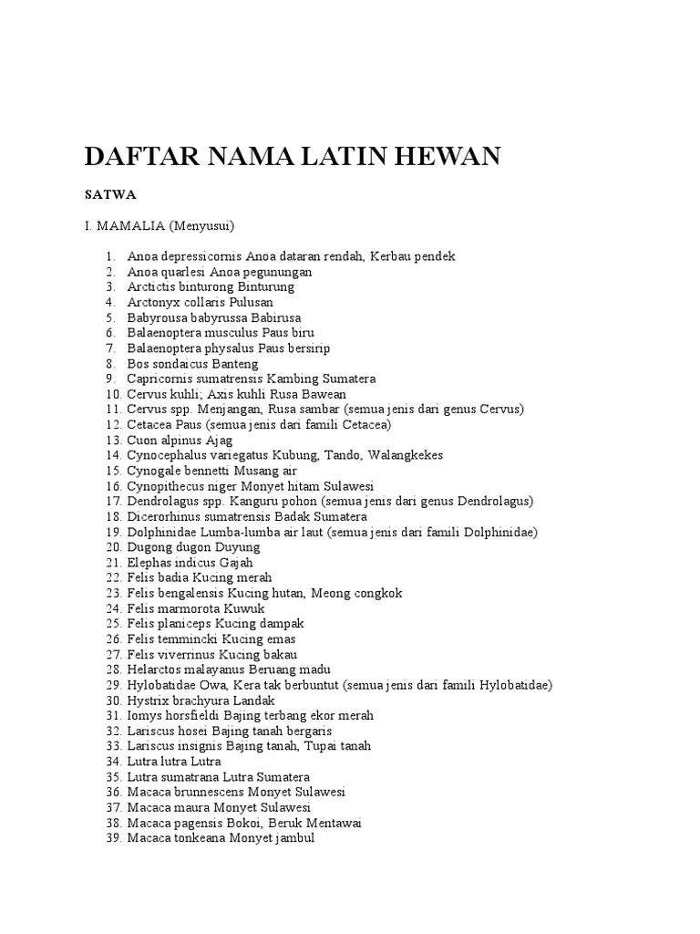 Daftar Nama Latin Hewan
