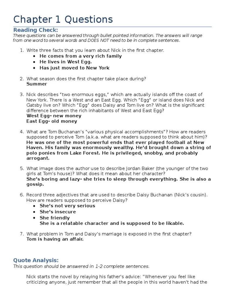 The Great Gatsby.chapter 1 Questions