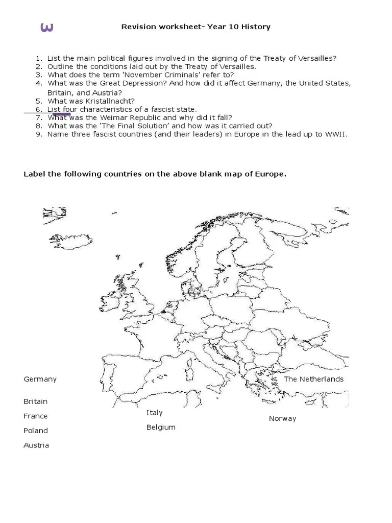 revision worksheet Nazi Germany World War II