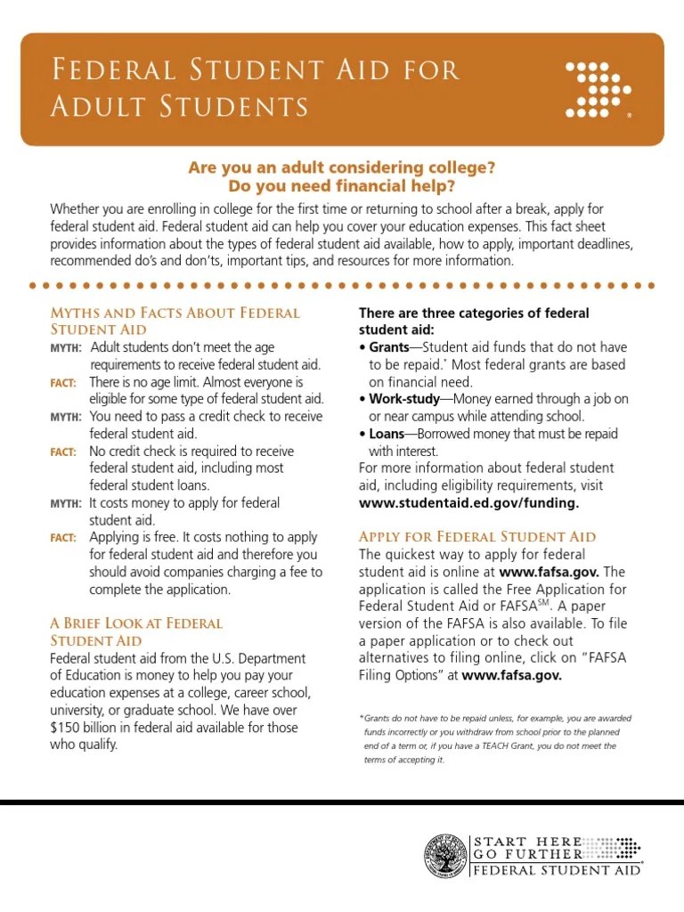 Federal Student Aid for Adult Students Student Financial Aid In The United States University