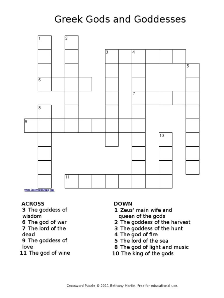 Greek Gods and Goddesses Crossword PDF