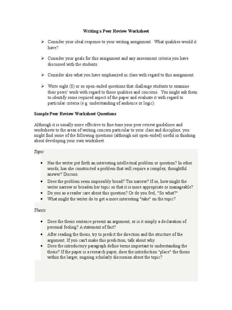 Writing Peer Review Worksheets PDF Sentence (Linguistics) Argument