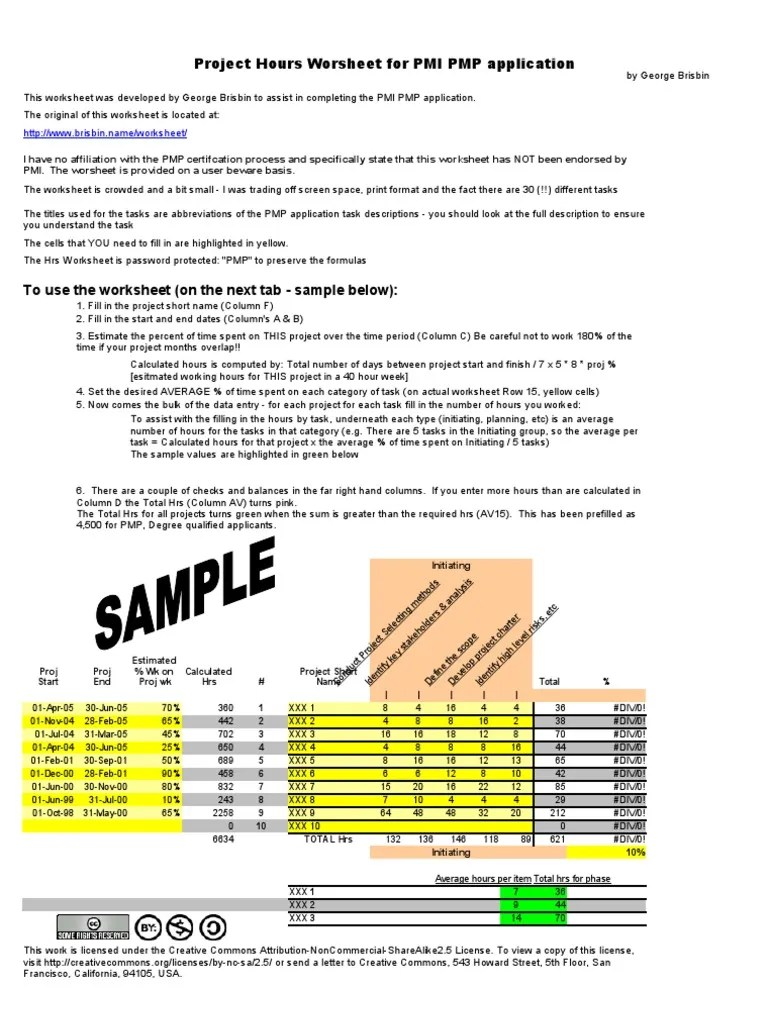 PMP Project Hours Worksheet | PDF | Project Management Professional