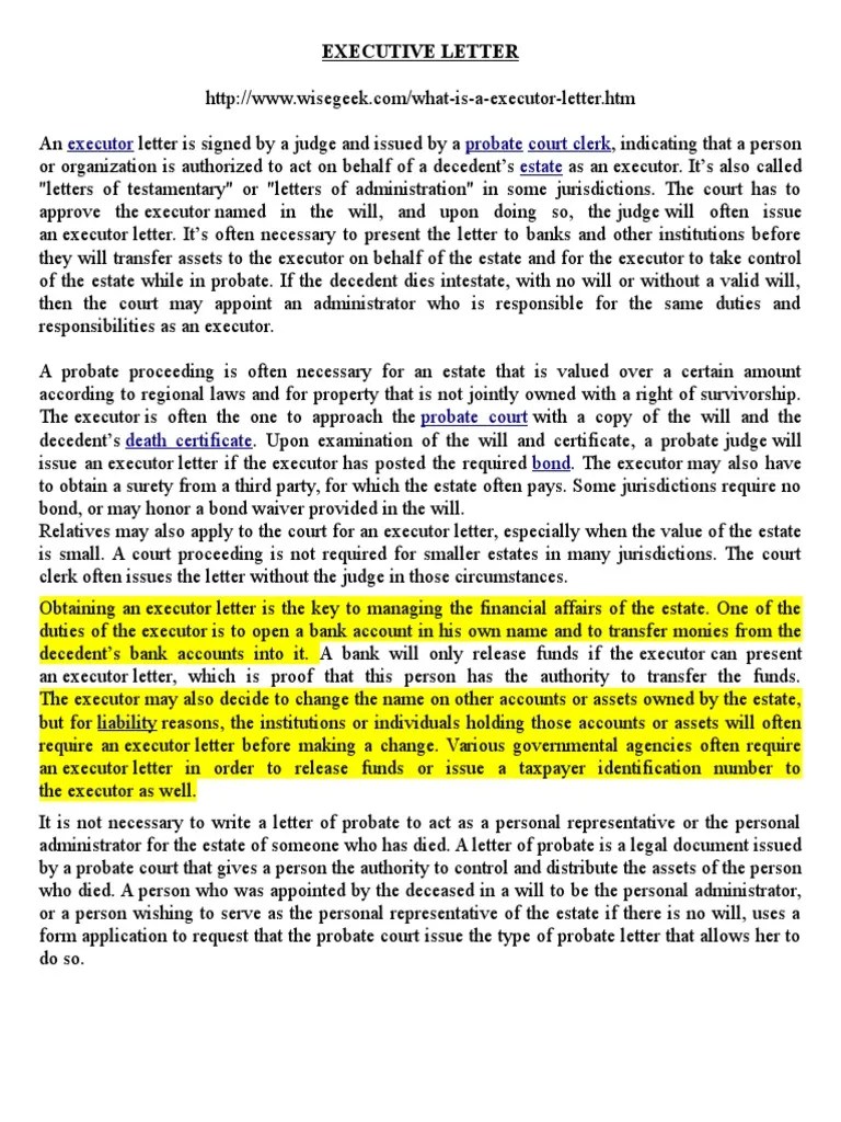 Executor Letter to Bank Probate Will And Testament